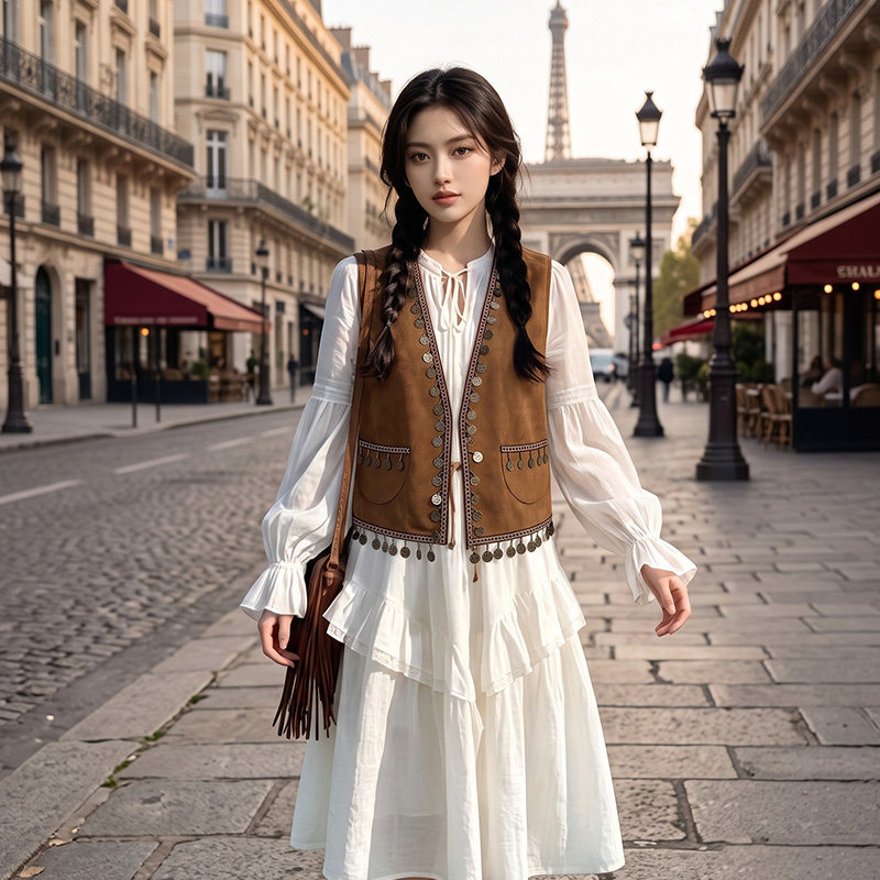 巴黎时尚风麂皮绒旅游度假穿塔西部牛仔小马甲女马夹开衫小外套