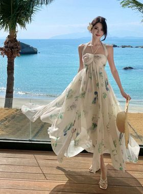 海岛度假设计感露背显瘦不规则荷叶边下摆吊带长裙礼服印花沙滩裙