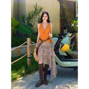 美式 豹纹半身裙两件套 辣妹上衣海岛风海边度假ootd松弛感穿搭套装