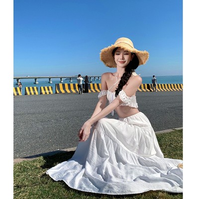 海边度假风白色抹胸上衣女半身裙氛围感多巴胺海岛穿搭套装两件套