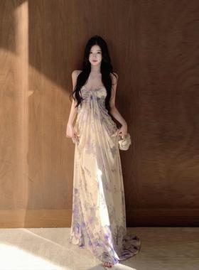 海岛风情万种子绝美紫色碎花修身吊带网纱连衣裙海边度假沙滩长裙