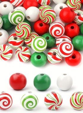 DIY手工珠串配件 圣诞螺纹糖果印花珠组合100pcs彩色木珠散珠套装