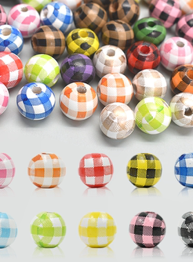 新款千鸟格彩色格纹木珠圆珠木制彩珠DIY手工挂饰装饰原料散珠