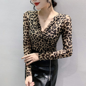 显瘦打底衫 性感V领网纱T恤女装 欧货洋气豹纹上衣修身 新款 2026春季