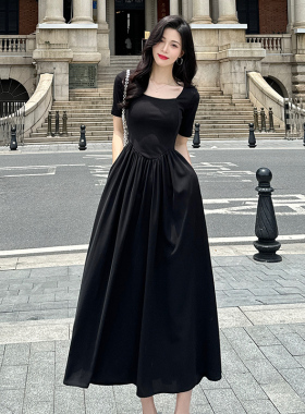 黑色莫代棉拼接雪纺连衣裙女2026春夏法式方领T恤长裙高级感裙子