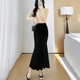 黑色金丝绒鱼尾裙女2026春季 半身长裙子 高腰气质燕尾包臀裙中长款