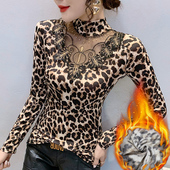 洋气欧洲站修身 豹纹打底衫 女2025秋冬高领蕾丝内搭t恤时尚 上衣潮