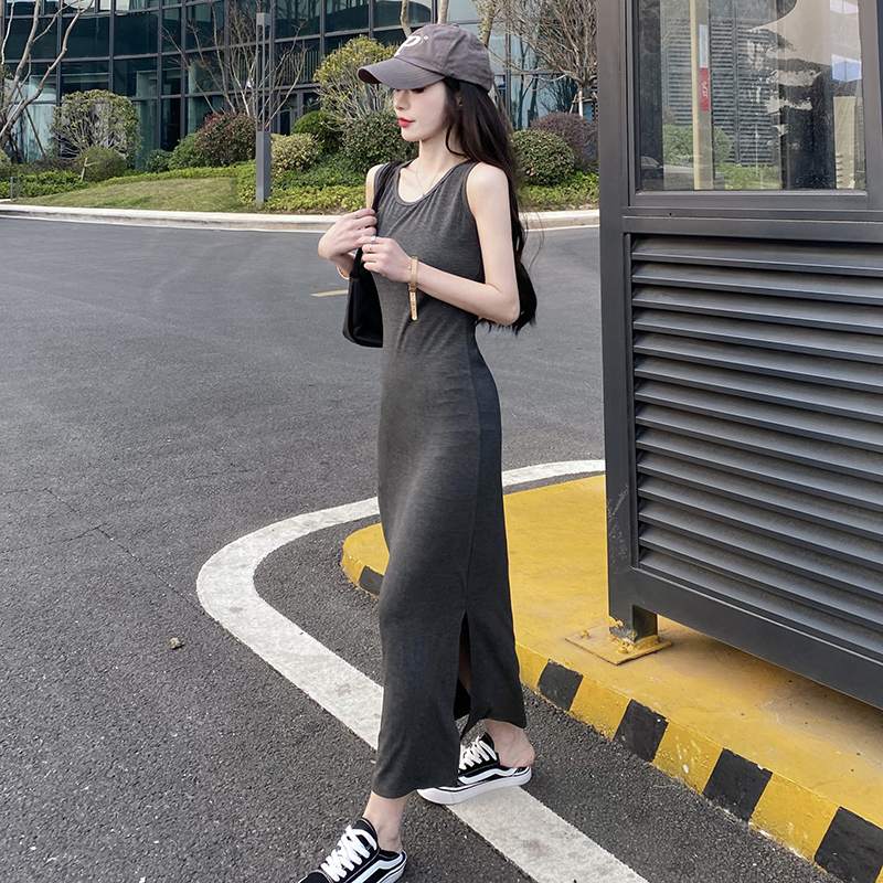 莫代尔无袖吊带连衣裙女长款包臀裙2025春夏开叉黑色打底背心长裙