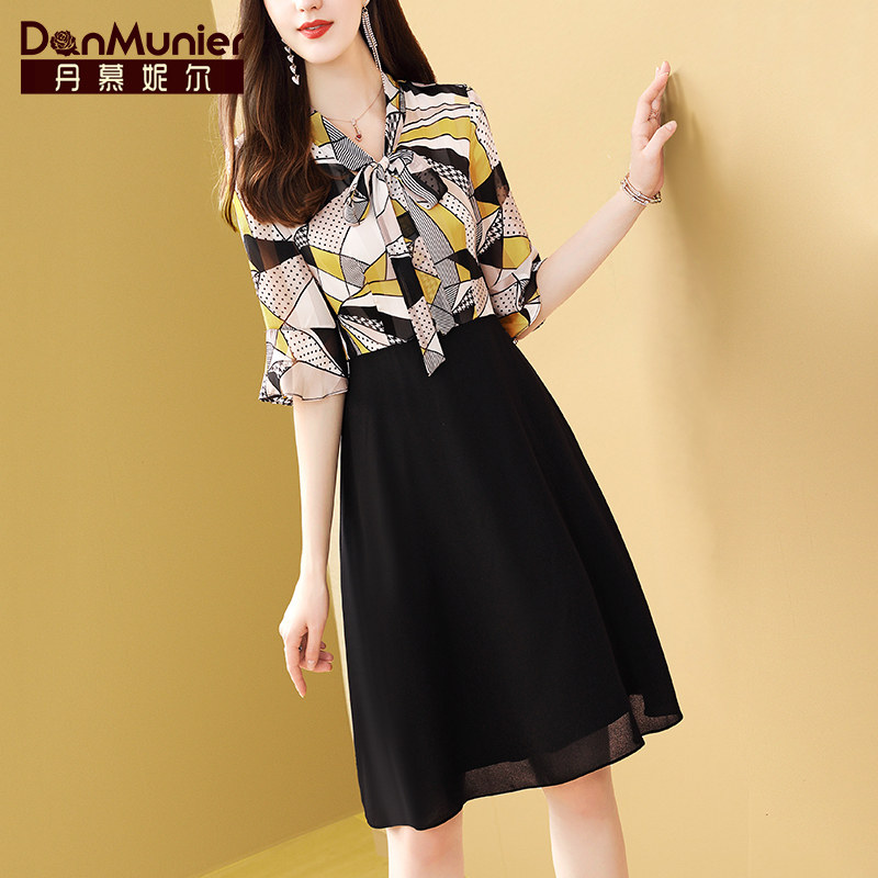 丹慕妮尔雪纺连衣裙女夏2023年新款时尚气质假两件拼接蝴蝶结裙子