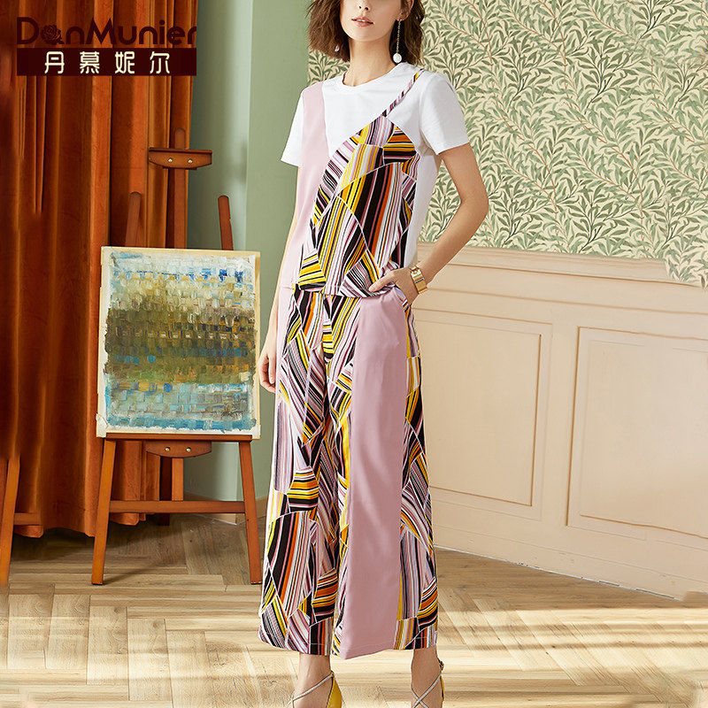 丹慕妮尔拼接条纹阔腿裤套装女2023新款夏装短袖t恤裤子两件套