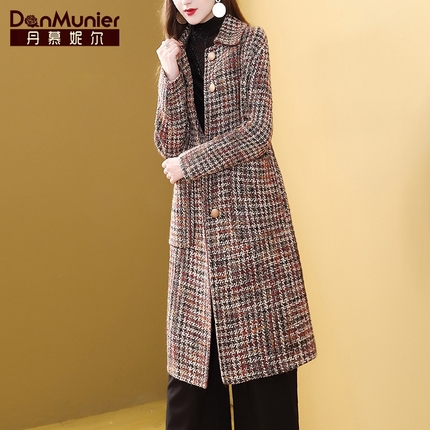 丹慕妮尔羊毛双面呢大衣女冬装年中长款流行格子毛呢外套