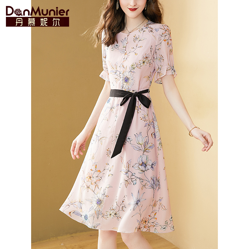 丹慕妮尔气质女神范碎花真丝连衣裙女夏装2023新款高端桑蚕丝裙子