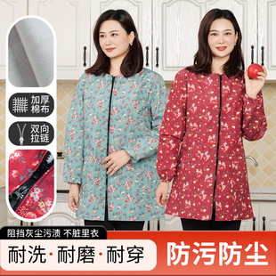 长袖 透气防污耐脏厨房家用大人围裙外套工作服圆领 棉布罩衣女新款