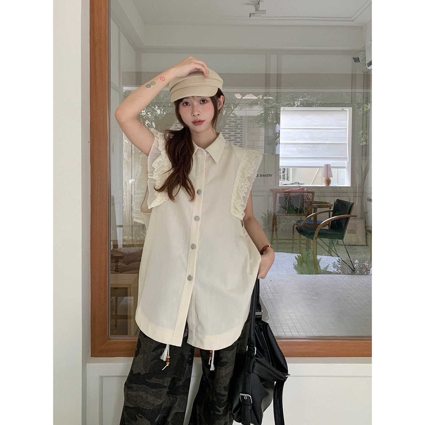 温柔韩系chic飞飞袖衬衫女夏蕾丝拼接中长款宽松遮肉显瘦衬衣上衣
