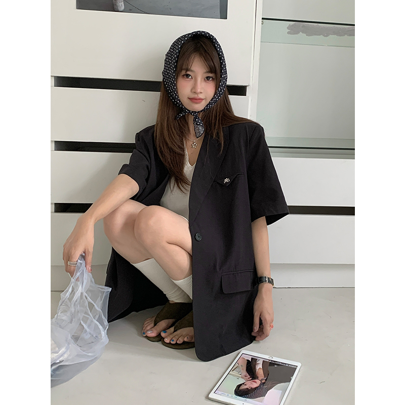 棉麻短袖西装外套女2025夏季韩版宽松设计感气质薄款西服上衣中长