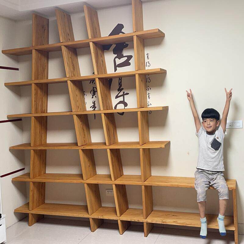 实木书架异形原木框架现代经济型原木色简约艺术格子架门店展示架