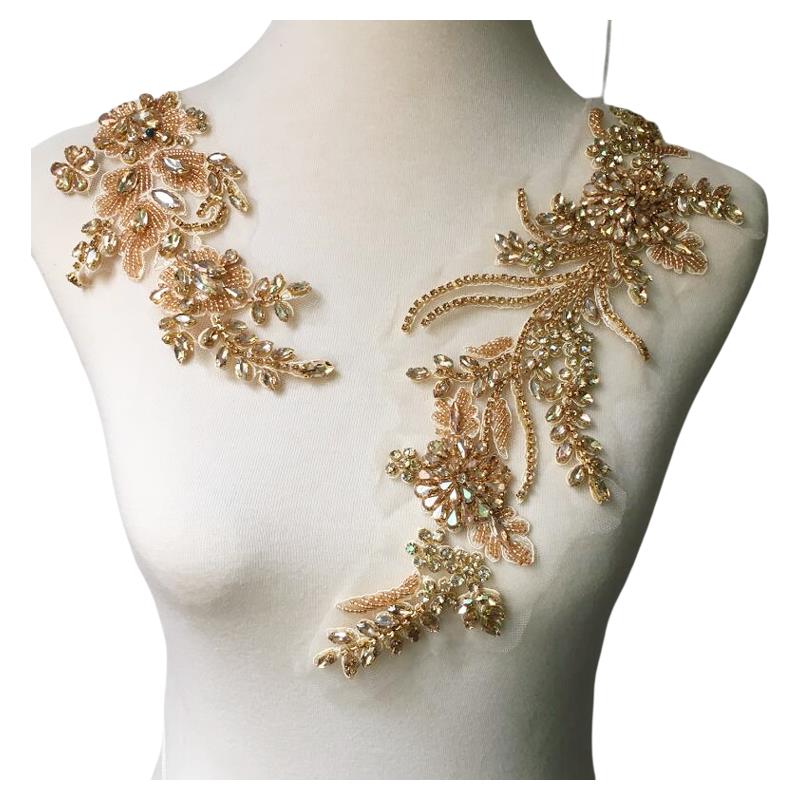 香槟色重工钉珠闪钻对称长花DIY礼服裙子外套皮草装饰镶钻珠花