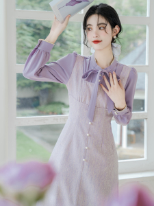 蝴蝶结气质裙子女装复古法式职业通勤教师小香风淑女长袖连衣裙