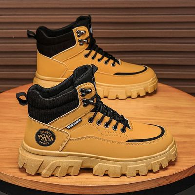 高帮男鞋夏季真皮防水厚底内增高英伦风大黄马丁靴男士登山短靴子