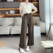 秋季 女慵懒风休闲裤 子女立体西裤 子 女直筒裤 薄款 女黑色宽松长裤 裤