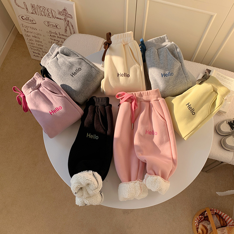 宝宝秋冬羊羔绒休闲裤男女童保暖韩版字母撞色系带洋气加厚运动裤
