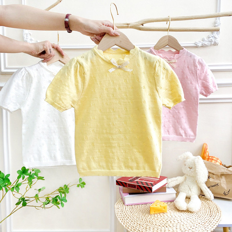 女童夏季蝴蝶结镂空纯棉针织短袖