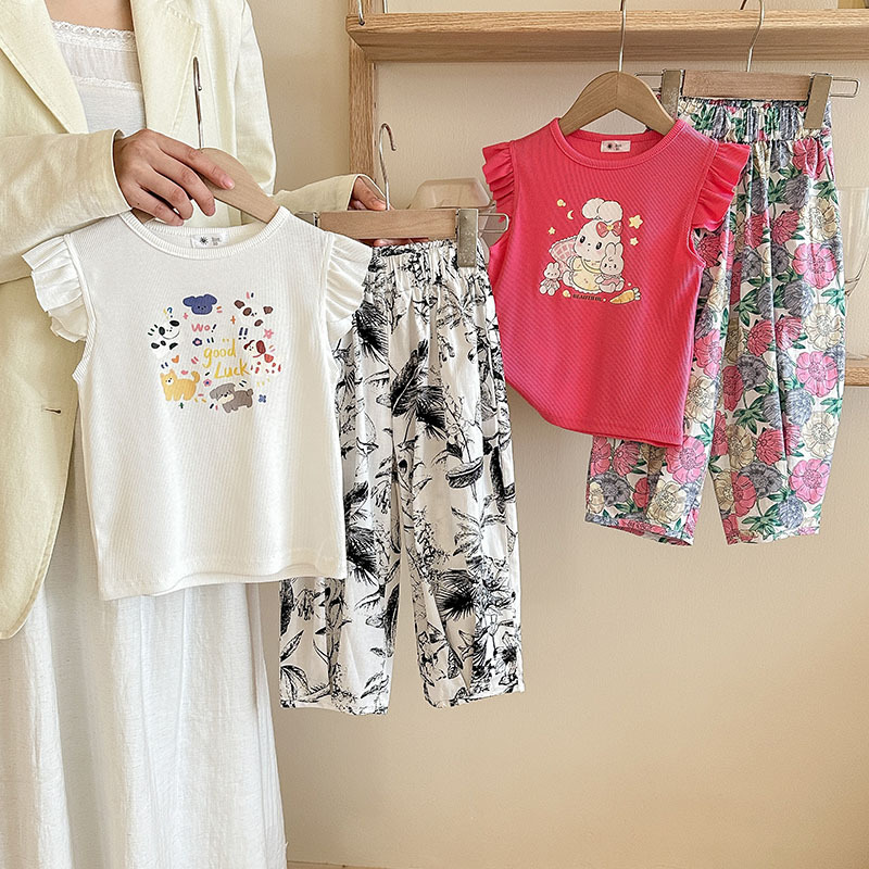 夏季新品欧美风女童卡通印花纯棉短飞袖+碎花长裤洋气清新两件套