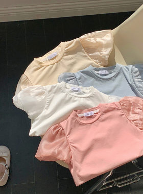 夏季女童纯棉泡泡网纱袖短袖T恤
