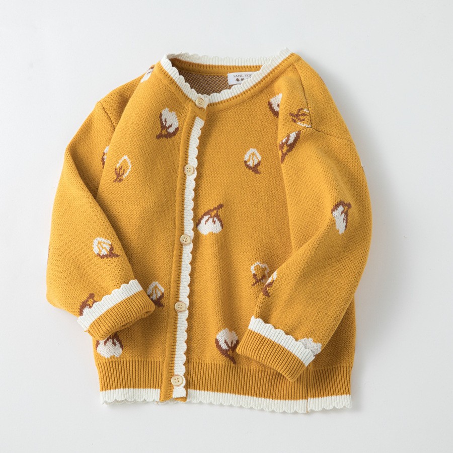 女童纯棉加厚针织开衫花边毛衣