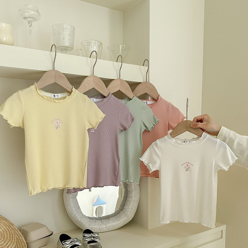宝宝纯棉弹力坑条短袖夏季新款女童甜美风印花木耳花边T恤打底衫