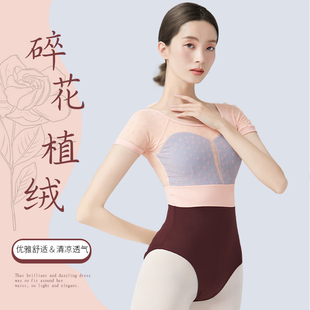 舞蹈服植绒碎花连体服成人艺考夏季 芭蕾舞练功服体操服形体服 短袖