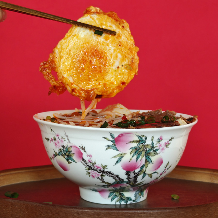 【添福寿礼】景德镇6寸玲珑碗长寿面碗 青花/粉彩寿桃 高温烧字