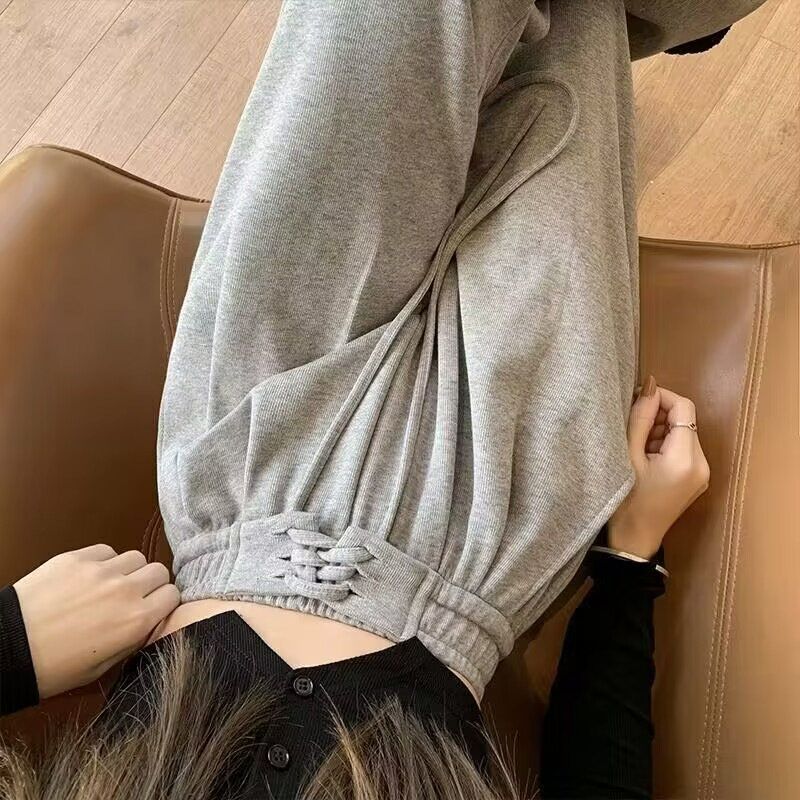 2023春秋新款绑带运动裤高腰垂感窄版直筒拖地休闲学生卫裤女潮