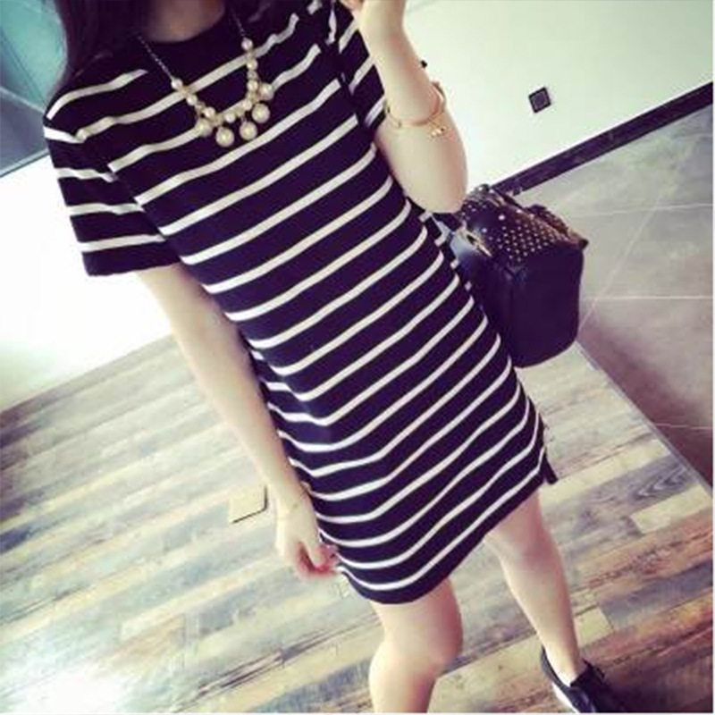个性夏季女装中长款女式条纹宽松短袖T恤女韩版横条纹女士连衣裙T