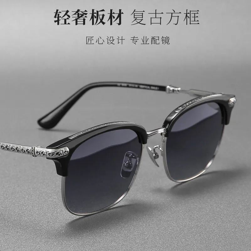 墨镜眼镜框纯钛平光镜男女通用款复古花纹眉半框超轻可配近视眼镜