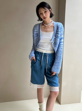 SUSUSHAN 蓝色花纱长袖短款针织衫春夏新款名媛风两粒扣开衫女