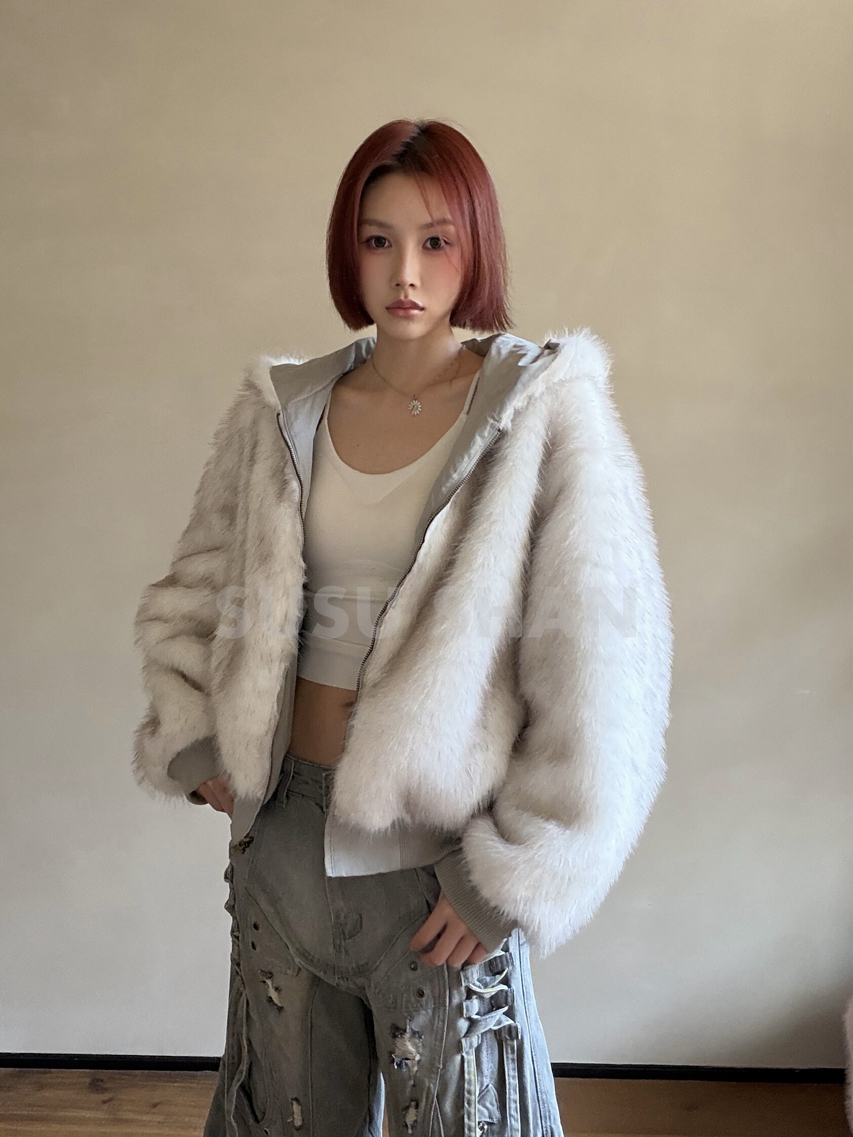 SUSUSHAN 秋冬新款浅灰色环保皮草两面穿外套女加厚连帽毛毛夹克