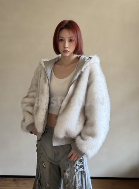 SUSUSHAN 秋冬新款浅灰色环保皮草两面穿外套女加厚连帽毛毛夹克
