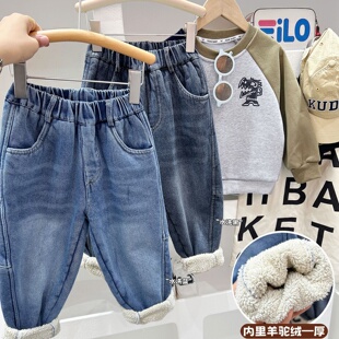 2025冬款童装男童儿童加绒加厚保暖羊羔毛棉裤牛仔裤