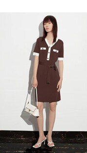 恩裳[凉感冰丝]夏季优雅简约V领撞色连衣裙CC33206610两色