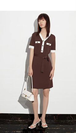 恩裳[凉感冰丝]夏季优雅简约V领撞色连衣裙CC33206610两色