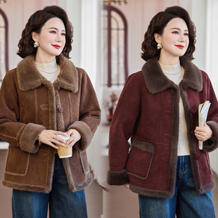 年轻妈妈冬装加绒外套洋气皮毛一体大衣中老年人女装高贵时尚