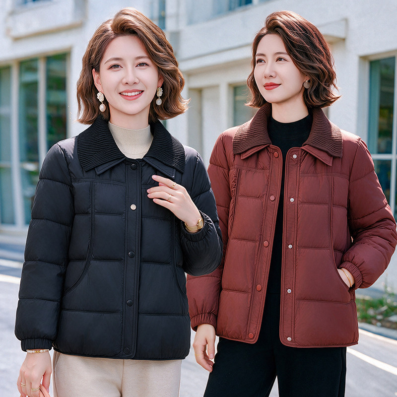 立领短款外套女小个子保暖轻盈棉袄大码妈妈装休闲翻领冬装小棉衣