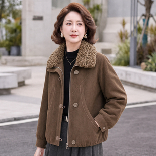 中老年妈妈秋冬时尚洋气鹿皮绒外套秋冬季女装保暖毛领棉衣外套