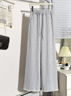 灰色毛圈棉卷边阔腿裤子女春季薄款2025新款宽松休闲直筒卫裤春秋