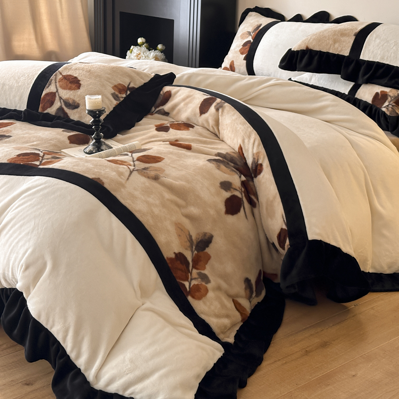 轻奢赫本风兔绒牛奶绒四件套美拉德加厚简约立暖绒床单床上用品