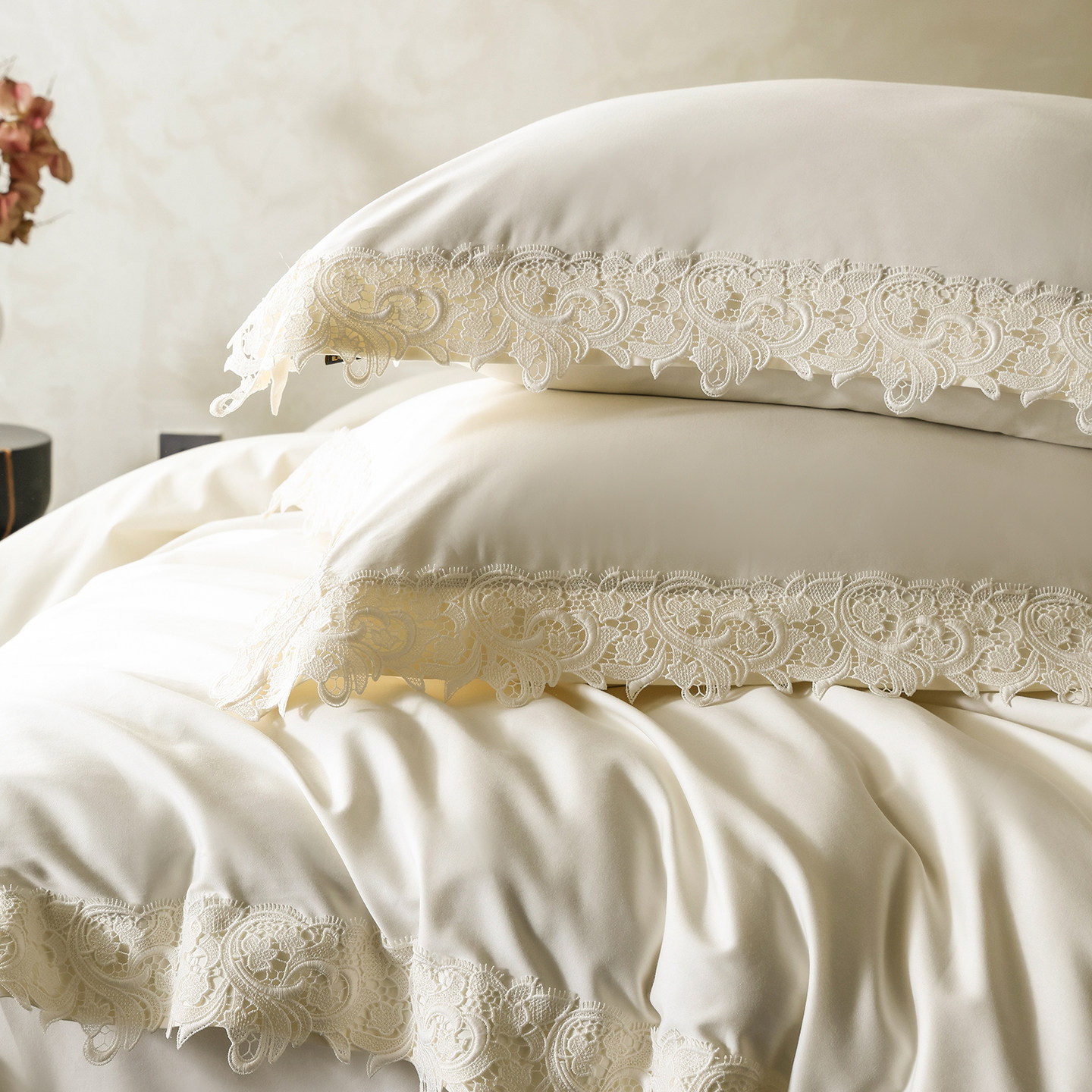 意大利进口140支匹马棉蕾丝花边贡缎四件套纯棉丝滑别墅床单床品