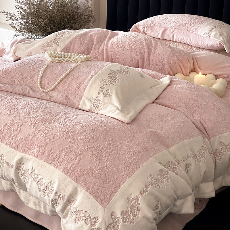 法式田园秋冬保暖提花牛奶绒四件套加厚公主立暖绒床单床上用品