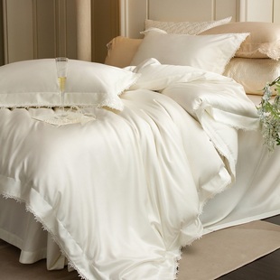 轻奢140支天丝棉四件套白色蕾丝花边床单式高端奢华床品套件1.8