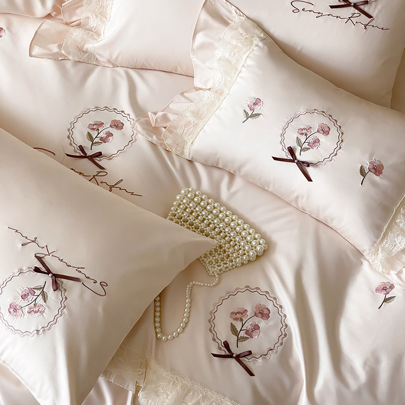 小清新公主风120支长绒棉贡缎四件套全棉刺绣丝滑亲肤床单床品,床上用品,床品套件/四件套/多件套,淘宝优惠券,粉丝福利购,淘宝优惠卷